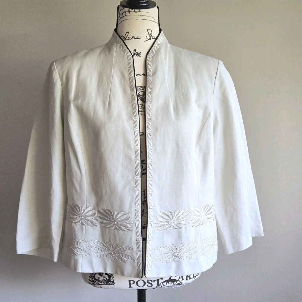 Plaza‎ South Linen Rayon Embroidered Open Front Jacket Top Cardigan Size 14 Vtg